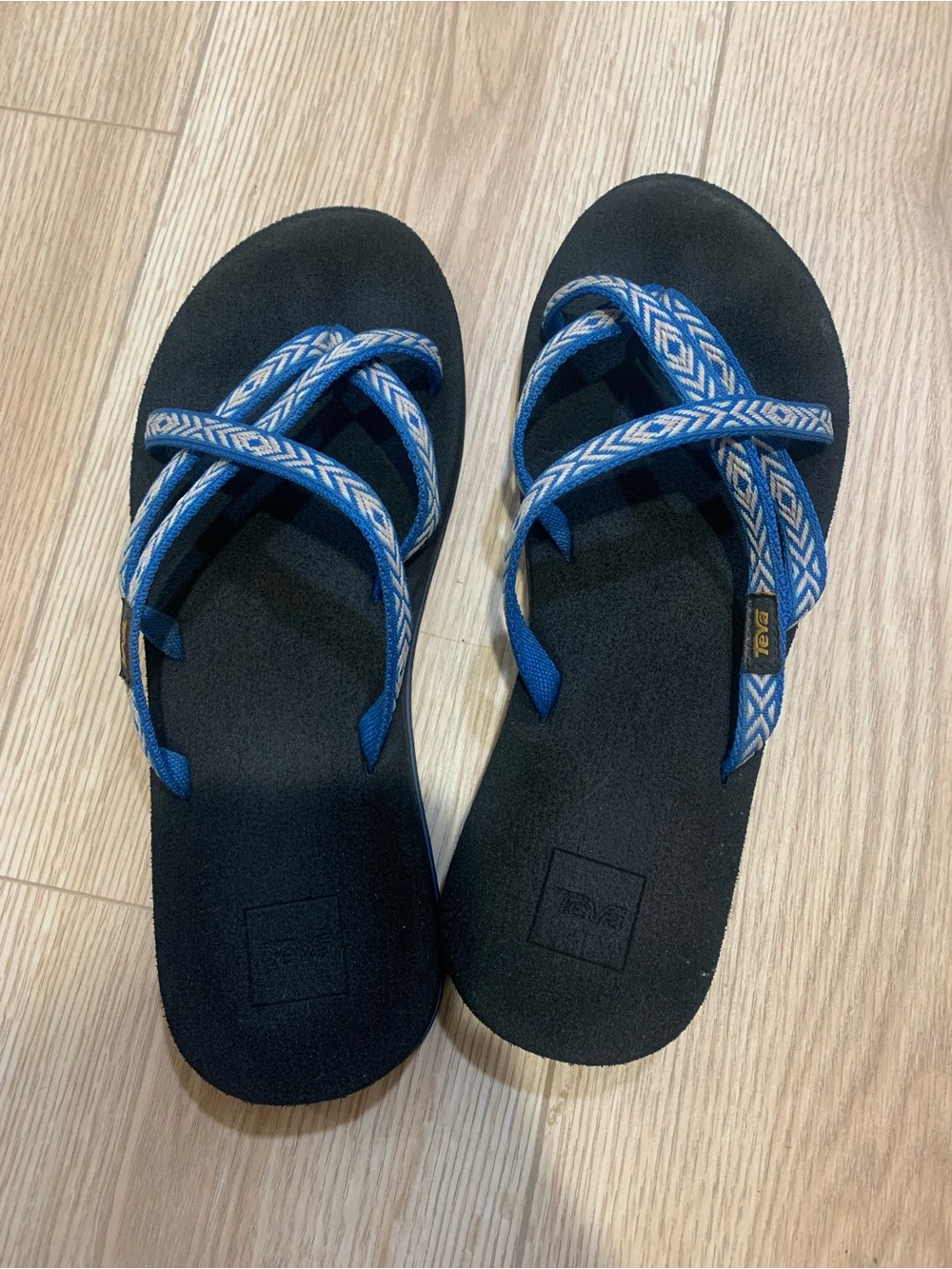 Teva Blue and Pink Patterned Strap Black Footbed Flip-Flops
